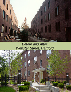Before and after of the Webster Street Mutual Housing Complex in Hartford, Conn.